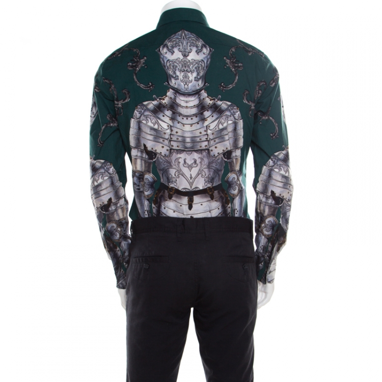 Pre Owned Dolce & Gabbana Gold Green Armour Printed Long Sleeve Shirt L