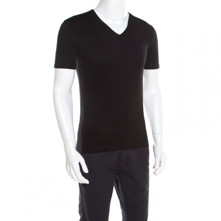 Pre Owned Dolce and Gabbana Black Cotton Stretch Knit V Neck T -Shirt XS