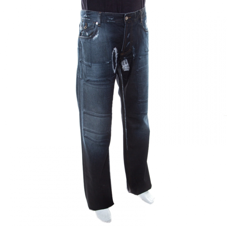 Pre Owned Dolce & Gabbana Black Faded Effect Patchwork Detail Distressed Jeans XXL