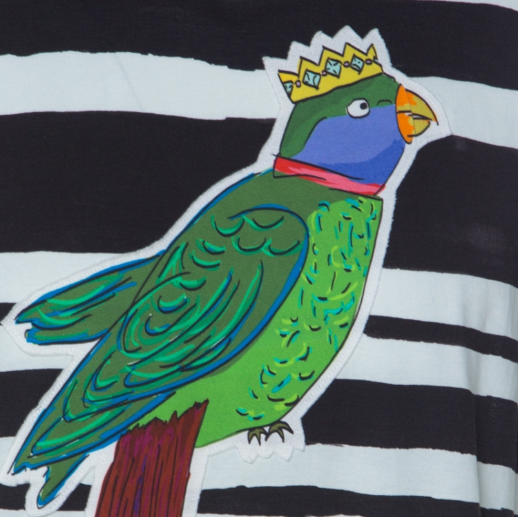 Pre Owned Dolce and Gabbana Black Paint Striped Cotton Parrot Applique T Shirt XL 