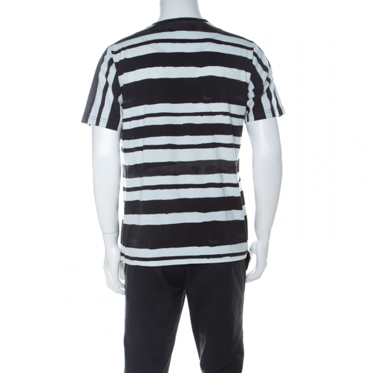 Pre Owned Dolce and Gabbana Black Paint Striped Cotton Parrot Applique T Shirt XL 