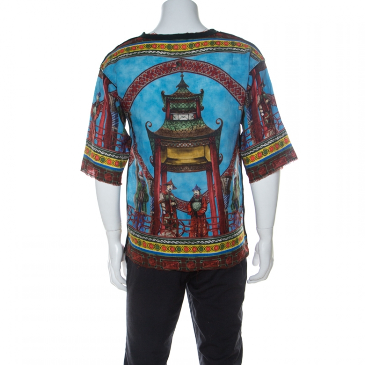 Pre Owned Dolce & Gabbana Multicolour Sicilian Chinoiserie Print Linen Oversized T-Shirt XS