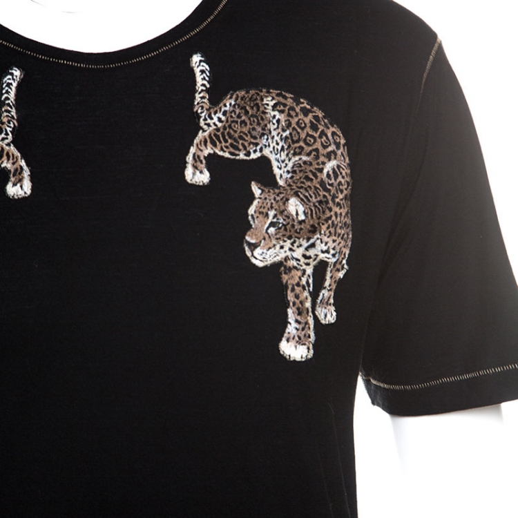 Pre Owned Dolce and Gabbana Black Silk Blend Leopard Embroidery T-Shirt S