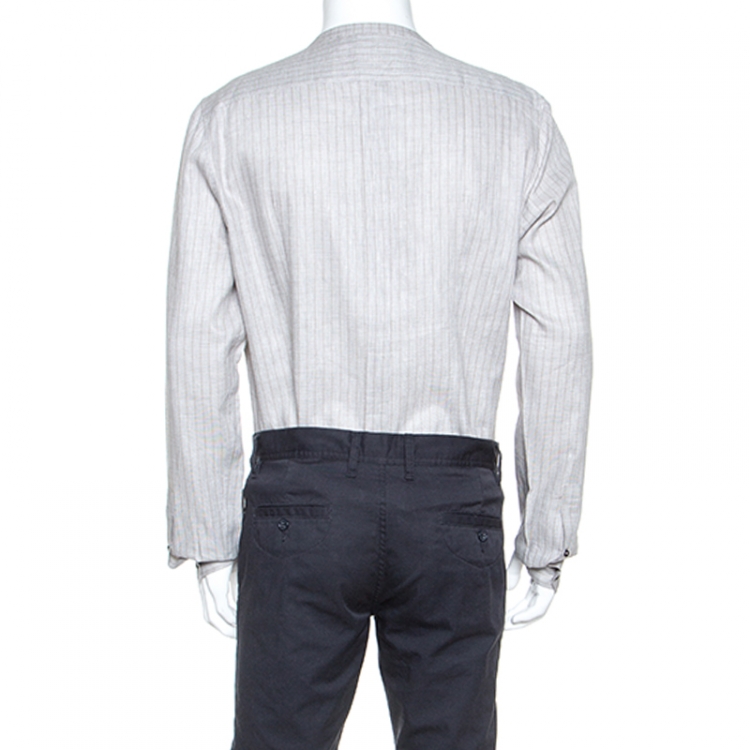 Pre Owned Dolce and Gabbana Pale Grey Striped Linen Mandarin Collar Shirt XL
