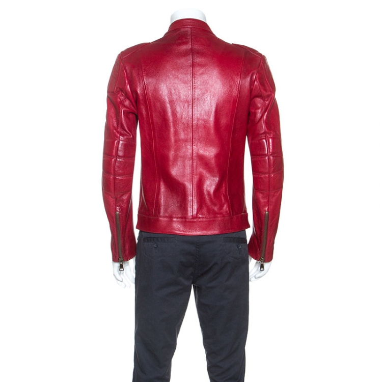 Pre Owned Dolce & Gabbana Red Leather Biker Jacket M