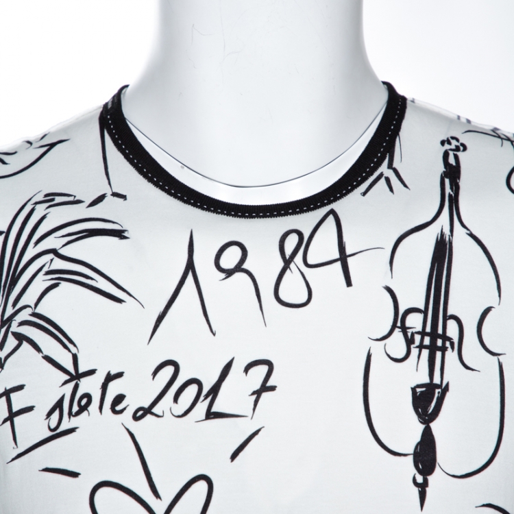 Pre Owned Dolce & Gabbana White Musical Scribbles Print Cotton T-Shirt L