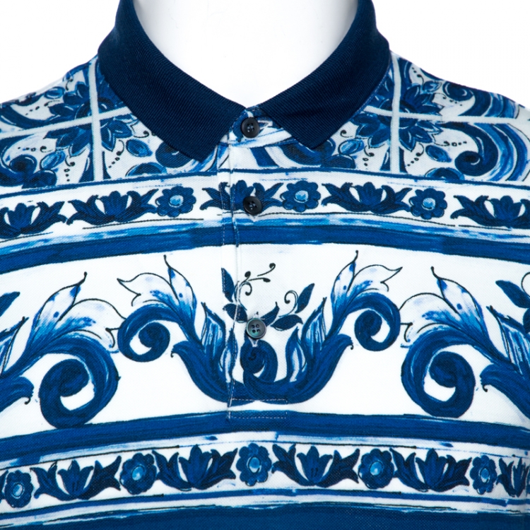 Pre Owned Dolce & Gabbana Blue Majolica Print Cotton Polo T-Shirt M