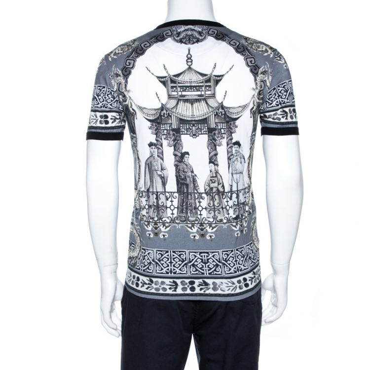 Pre Owned Dolce & Gabbana Grey Chinese Temple Print Cotton T-Shirt M
