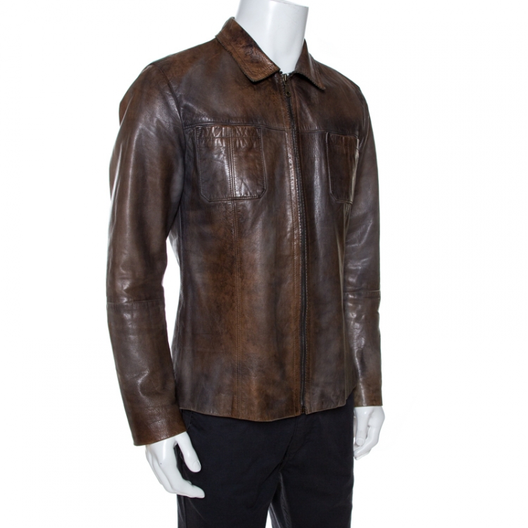 Pre Owned Dolce & Gabbana Brown Burnished Leather Jacket XL