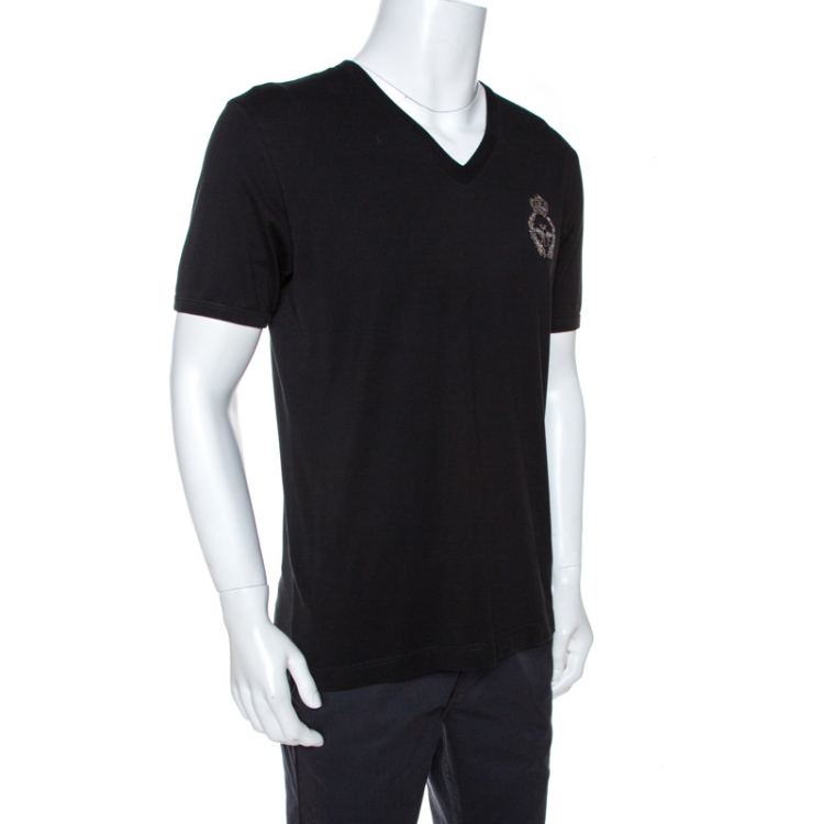 Pre Owned Dolce & Gabbana Black Cotton Crown & Bee Embroidered T-Shirt XL