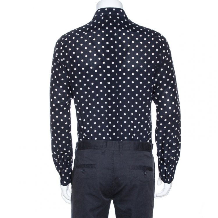 Pre Owned Dolce & Gabbana Navy Blue Polka Dot Silk Long Sleeve Shirt M
