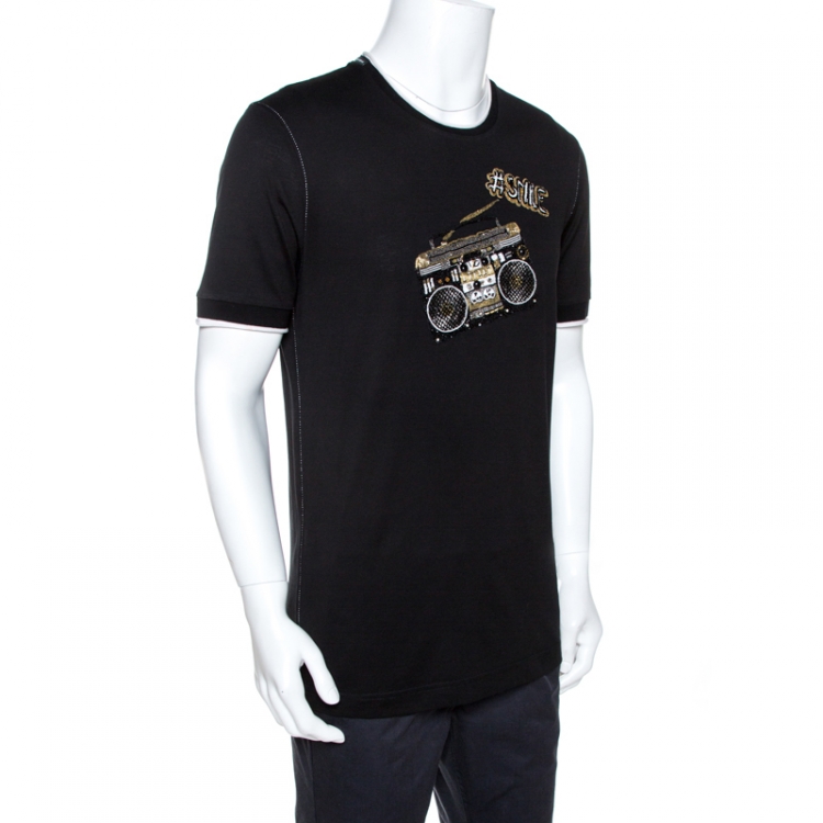 Pre Owned Dolce & Gabbana Black Smile Embellished Cotton T-Shirt XL