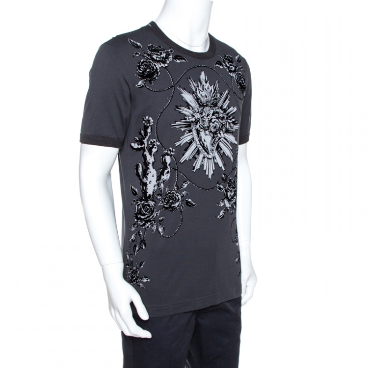 Pre Owned Dolce & Gabbana Grey Sacred Heart Flock Print Cotton T-Shirt L