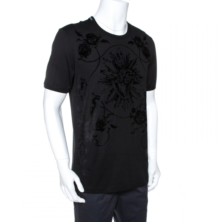 Pre Owned Dolce & Gabbana Black Sacred Heart Flock Print Cotton T-Shirt L