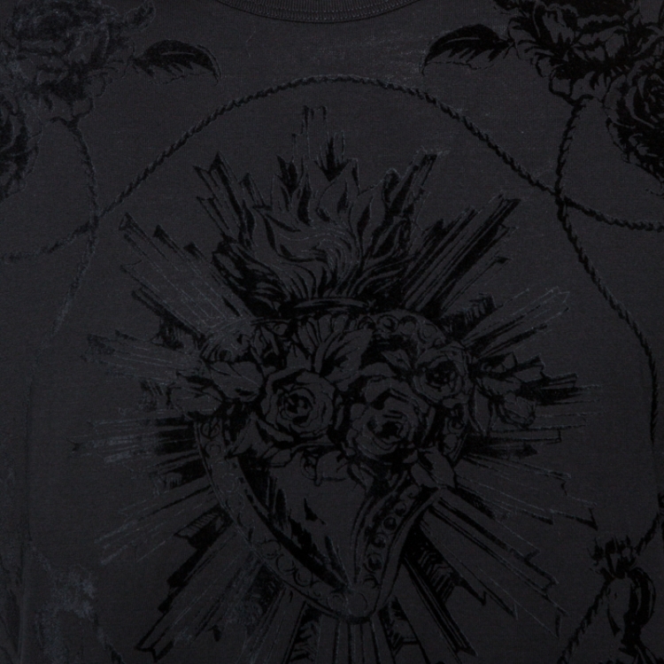Pre Owned Dolce & Gabbana Black Sacred Heart Flock Print Cotton T-Shirt L