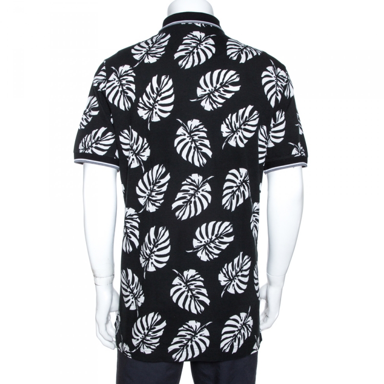 Pre Owned Dolce & Gabbana Monochrome Leaf Print Cotton Polo T-Shirt XXL
