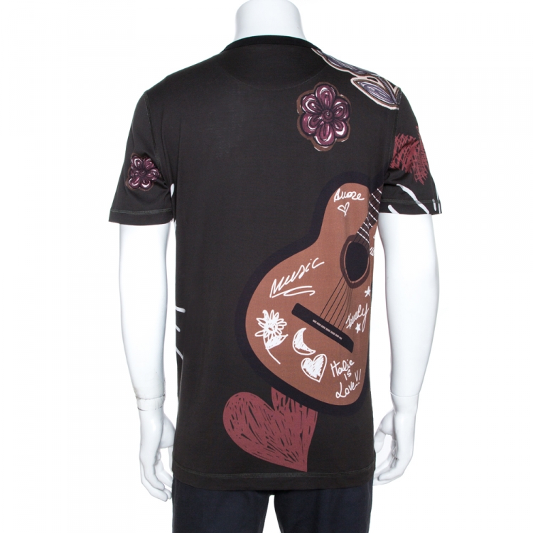 Pre Owned Dolce & Gabbana Black Guitar Print Cotton T-Shirt XXL
