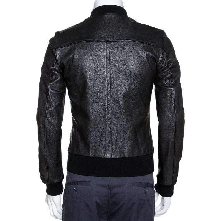 مملوكة مسبقًا Dolce & Gabbana Black Leather Zip Front Bomber Jacket S