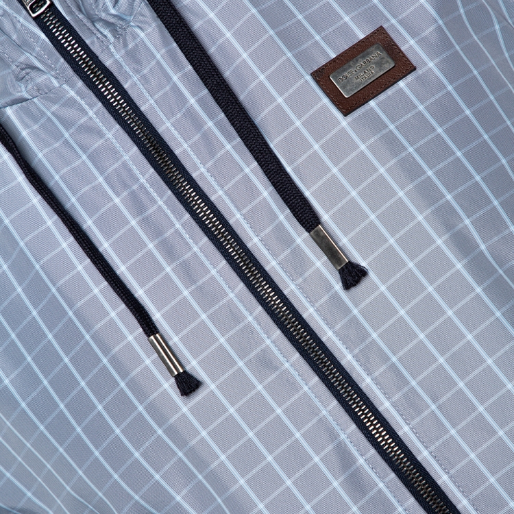 Pre Owned Dolce & Gabbana Pale Blue Checked Zip Front Hooded Jacket L