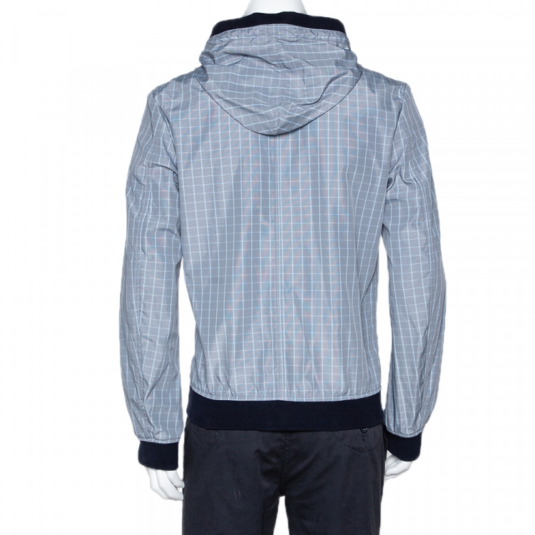 Pre Owned Dolce & Gabbana Pale Blue Checked Zip Front Hooded Jacket L