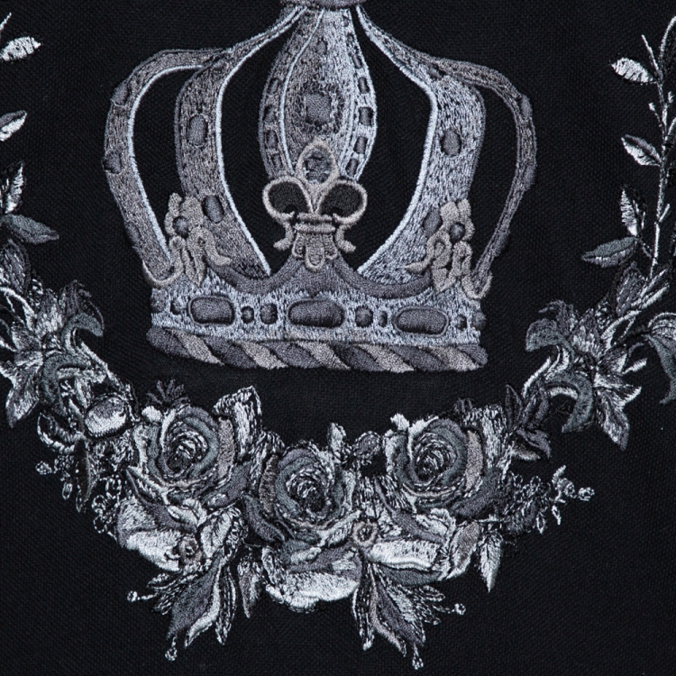 Pre Owned Dolce & Gabbana Black Cotton Pique Embroidered Crown Polo T-Shirt S