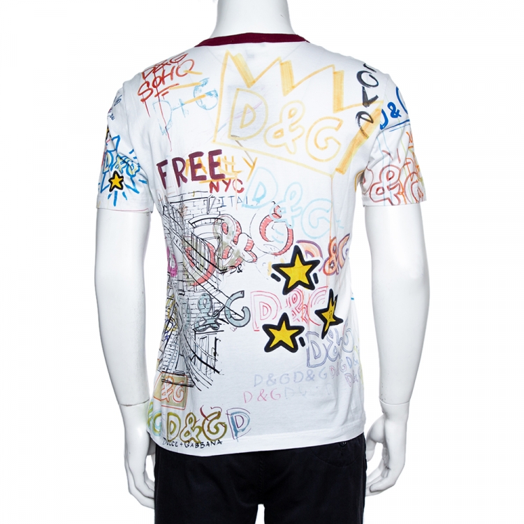 Pre Owned Dolce & Gabbana White Cotton Jersey Graffiti Print T-Shirt M