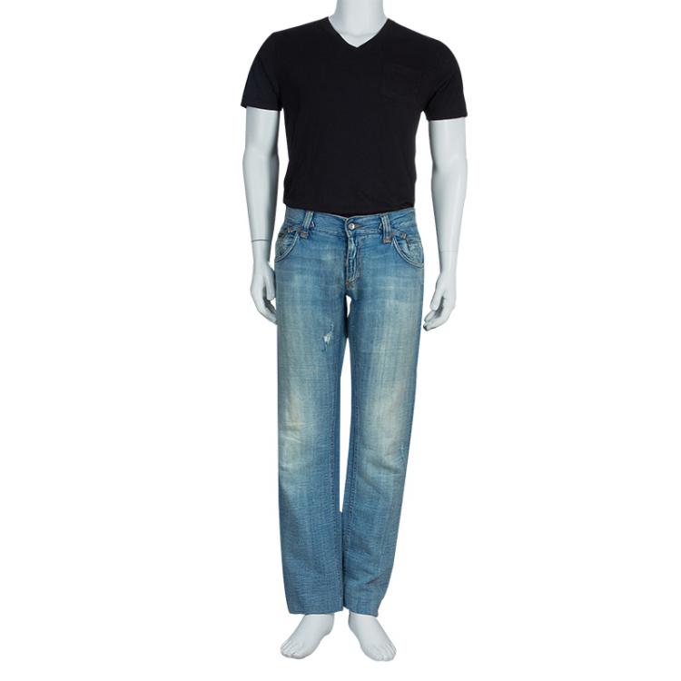 مملوكة مسبقًا Dolce and Gabbana Blue Light Wash Denim Faded Distressed Jeans L