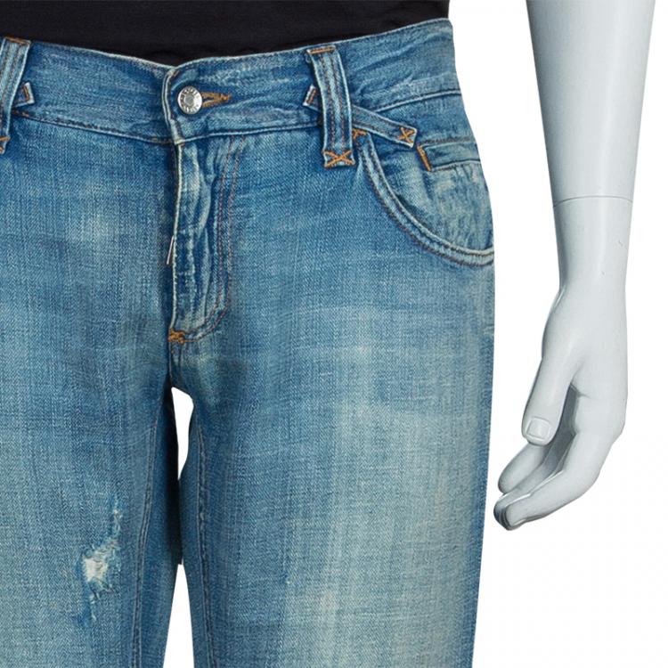 مملوكة مسبقًا Dolce and Gabbana Blue Light Wash Denim Faded Distressed Jeans L