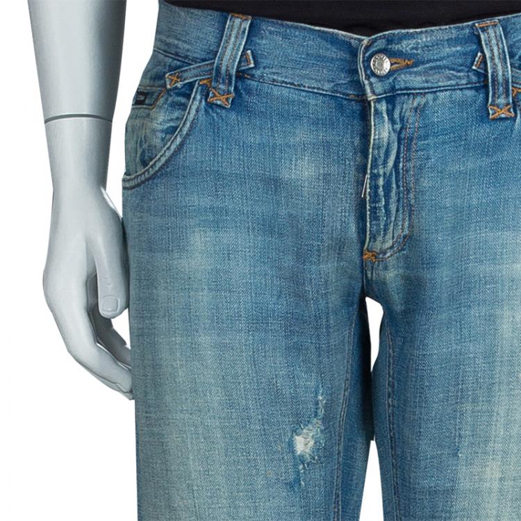 مملوكة مسبقًا Dolce and Gabbana Blue Light Wash Denim Faded Distressed Jeans L