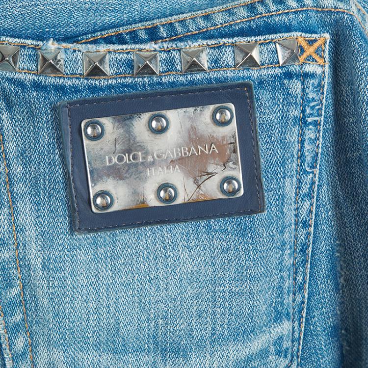 مملوكة مسبقًا Dolce and Gabbana Blue Light Wash Denim Faded Distressed Jeans L