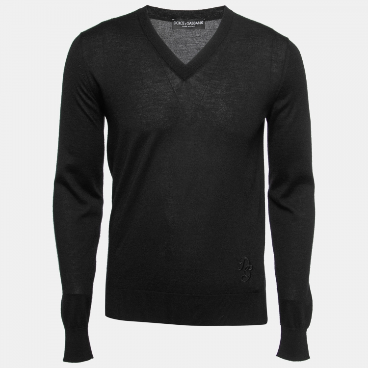 Pre Owned Dolce & Gabbana Black Cashmere Logo Embroidered V-Neck Sweater S