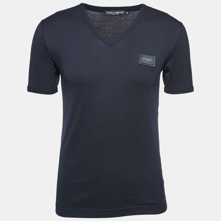 Pre Owned Dolce & Gabbana Navy Blue Cotton V-Neck T-Shirt XS