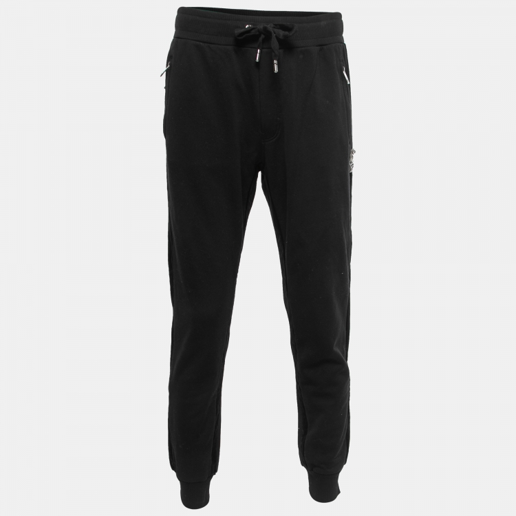 Dolce & Gabbana Black Cotton Side Velvet Trim Detail Joggers L Dolce