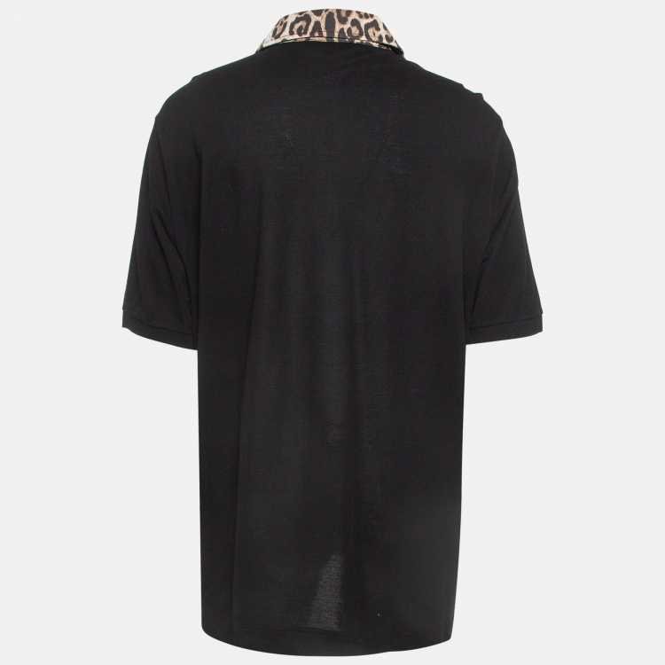 Pre Owned Dolce & Gabbana Black Leopard Print Collar Cotton Polo T-Shirt 5XL