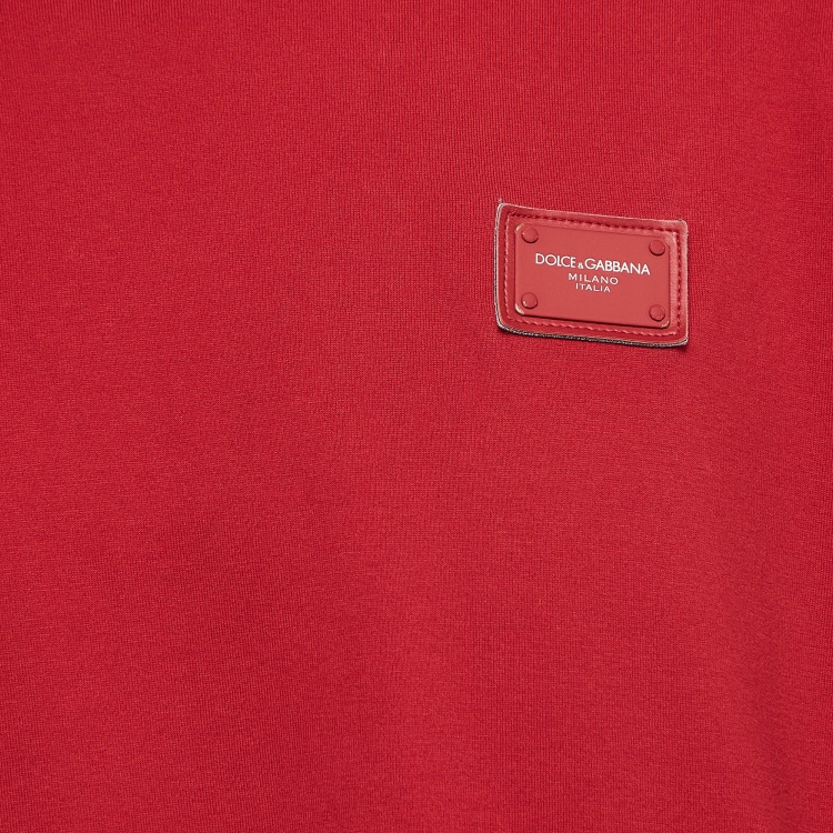 Pre Owned Dolce & Gabbana Red Cotton Knit Logo Patch Round Neck Tshirt XXXL
