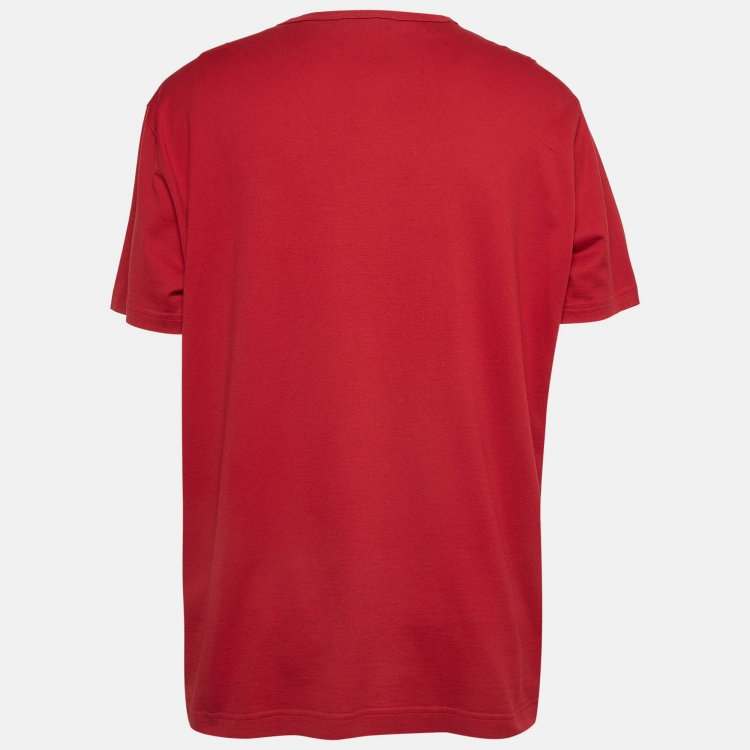 Pre Owned Dolce & Gabbana Red Cotton Knit Logo Patch Round Neck Tshirt XXXL
