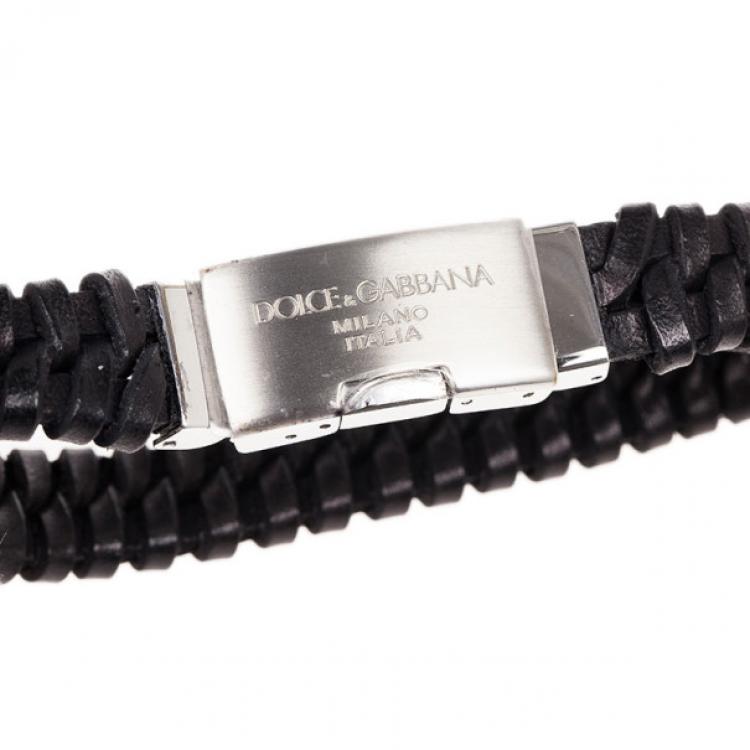 Pre Owned Dolce & Gabbana Black Woven Leather Plaque Bracelet L