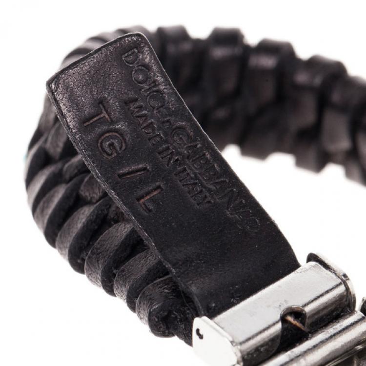 Pre Owned Dolce & Gabbana Black Woven Leather Plaque Bracelet L