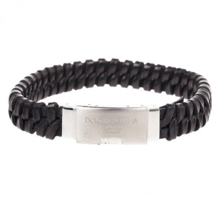 Pre Owned Dolce & Gabbana Black Woven Leather Plaque Bracelet L