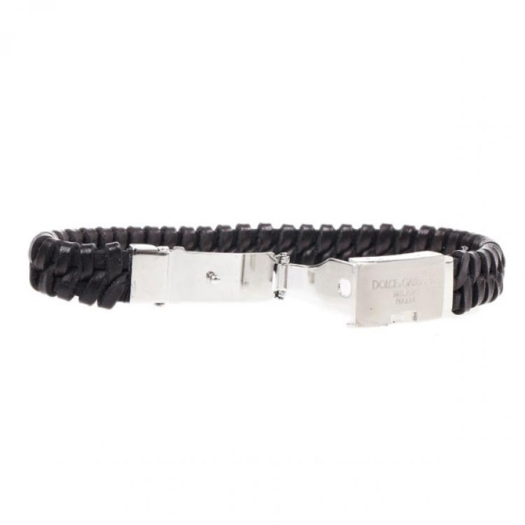 Pre Owned Dolce & Gabbana Black Woven Leather Plaque Bracelet L