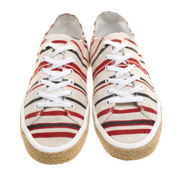 مملوكة مسبقًا Dolce and Gabbana White Stripe Canvas Espadrille Lace Up Sneakers Size 44