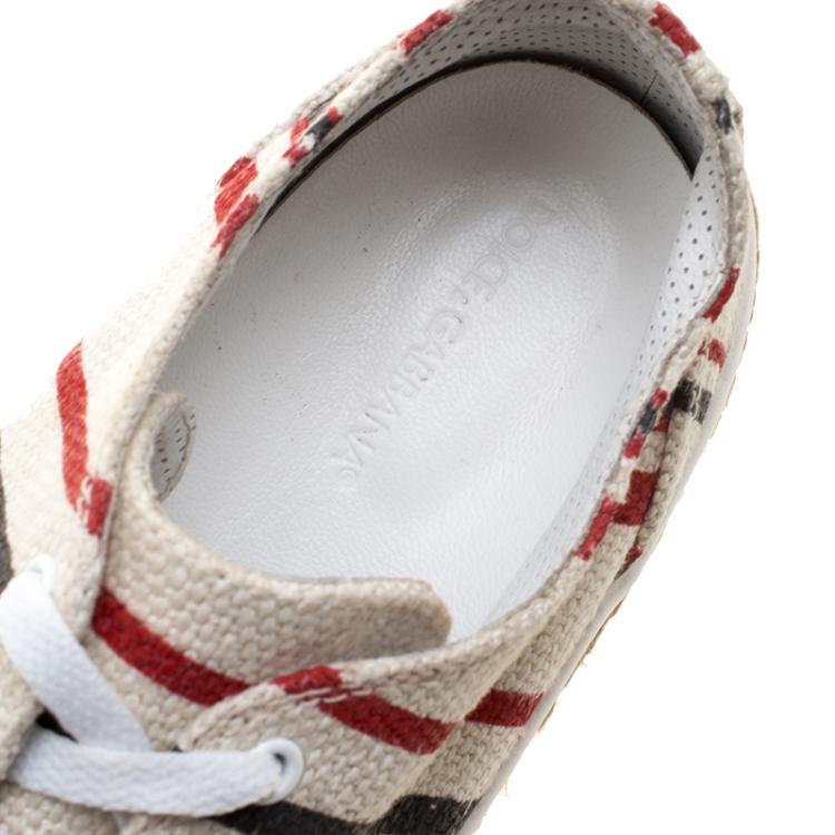 مملوكة مسبقًا Dolce and Gabbana White Stripe Canvas Espadrille Lace Up Sneakers Size 44