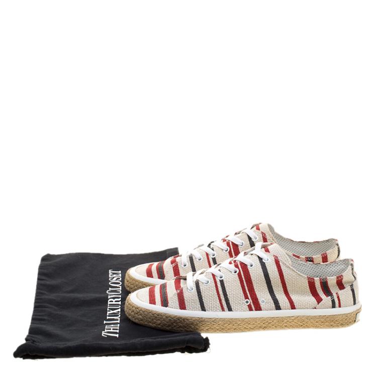مملوكة مسبقًا Dolce and Gabbana White Stripe Canvas Espadrille Lace Up Sneakers Size 44
