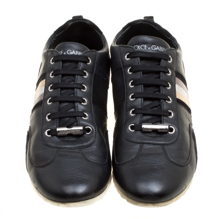 مملوكة مسبقًا Dolce and Gabbana Black Leather Metallic Stripes Low Top Sneakers Size 43
