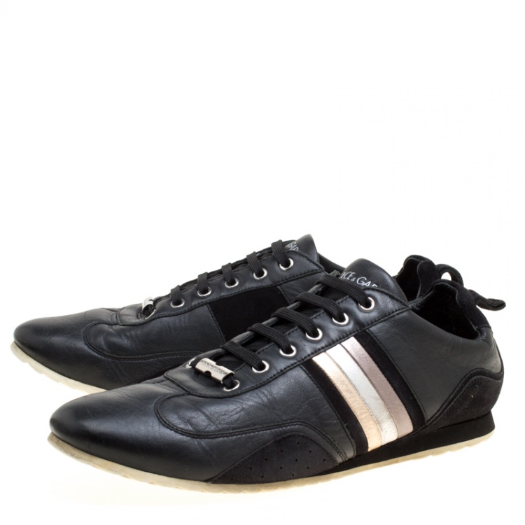 مملوكة مسبقًا Dolce and Gabbana Black Leather Metallic Stripes Low Top Sneakers Size 43