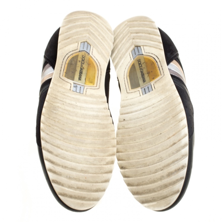 مملوكة مسبقًا Dolce and Gabbana Black Leather Metallic Stripes Low Top Sneakers Size 43