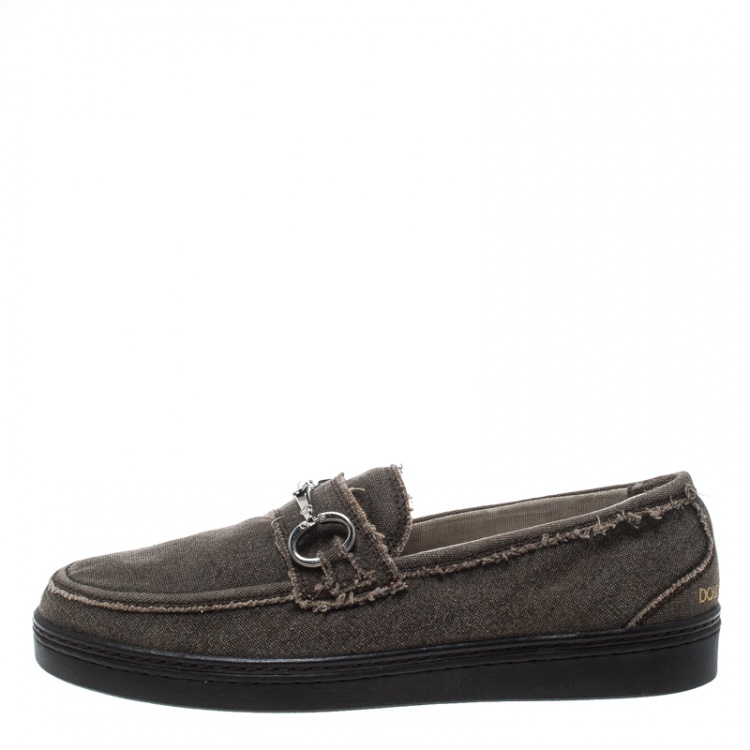 Pre Owned Dolce and Gabbana Brown Canvas Horsebit Loafers Size 41.5