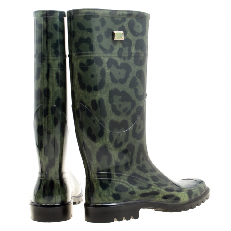 Pre Owned Dolce and Gabbana Green Leopard Print Wellington Rubber Boots Size 40