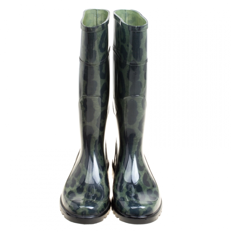 Pre Owned Dolce and Gabbana Green Leopard Print Wellington Rubber Boots Size 40