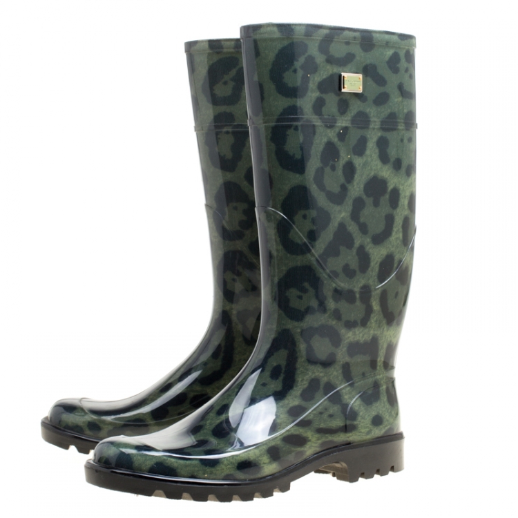 Pre Owned Dolce and Gabbana Green Leopard Print Wellington Rubber Boots Size 40